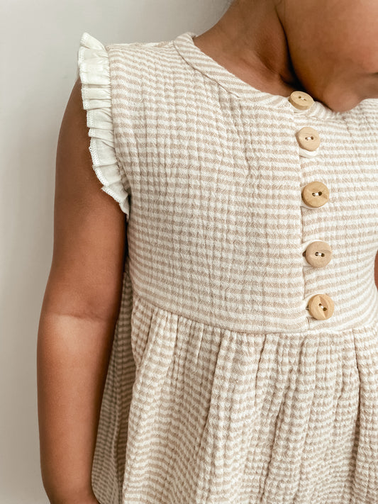 Sesame Stripe Ruffle Button Dress